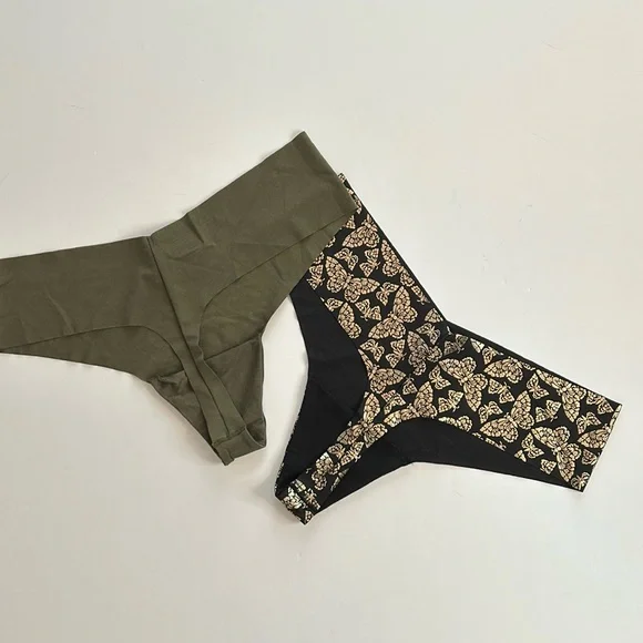 2 pair Victoria’s Secret no show thongs black butterfly shine and casual olive - Picture 3 of 10